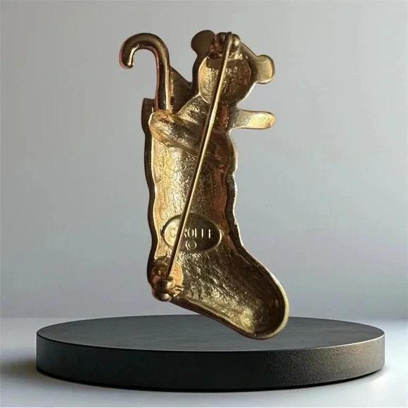 Carolee Vintage Teddy Bear Candy Cane Gloss Red Enamel with Rhinestones Brooch - Picture 2 of 2